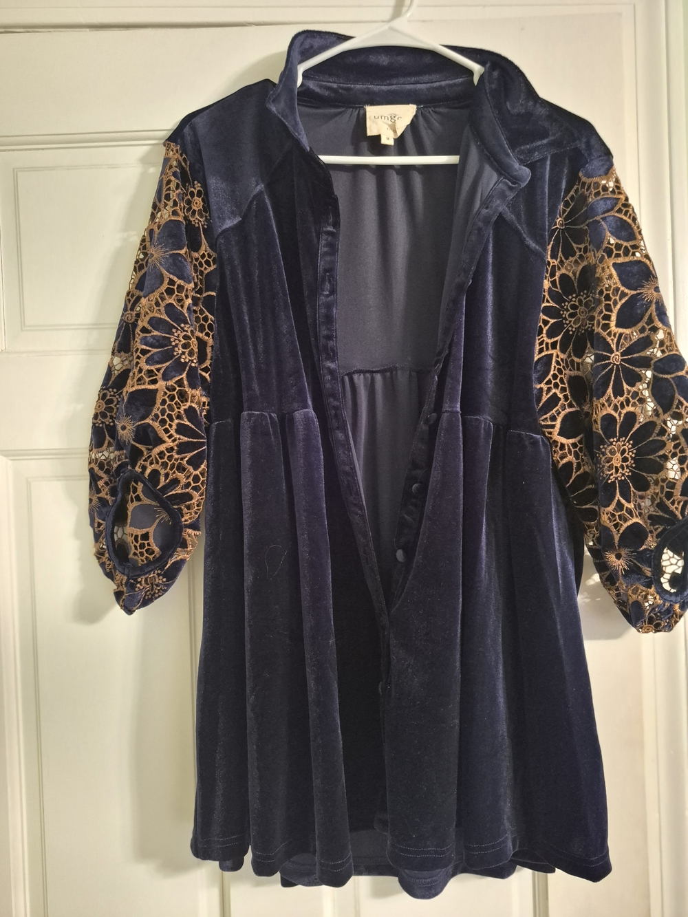 UMGE Button Down Velvet Navy Top with Gold Lace Sleeves, Never Worn.